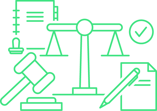 Justice graphic with scales, hammer and documents