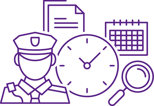 Image showing items involved in an investigation, including a clock for time, a magnifying glass for scrutiny and a police officer to represent the policing bodies we can investigate